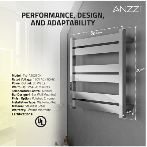 ANZZI Starling 6-Bar Stainless Steel Wall Mounted Electric Towel Warmer Rack