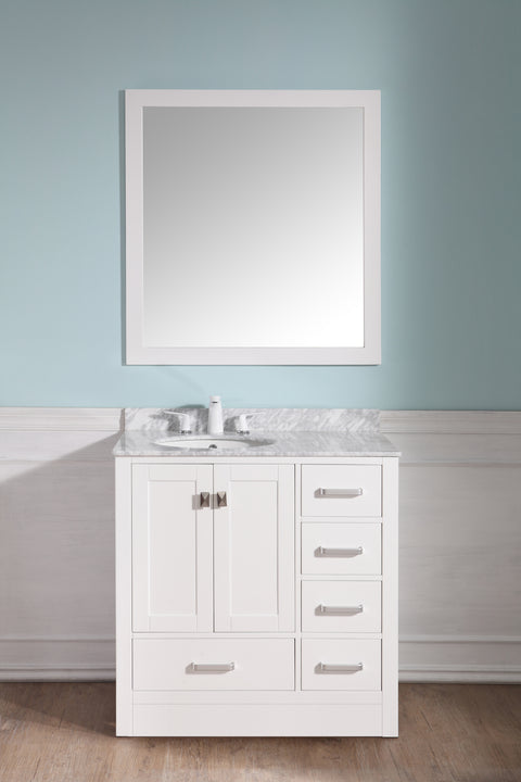 Chateau 36 in. W x 35 in. H Bath Vanity in Rich White with Carrara White Marble Vanity Top in Carrara White with White Basin and Mirror