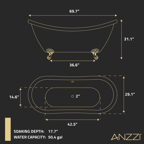 ANZZI Falco 5.8 ft. Claw Foot One Piece Acrylic Freestanding Soaking Bathtub in Glossy White with Brushed Gold Feet