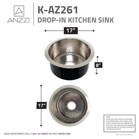 ANZZI Compass Drop-in Handmade Copper 17 in. 0-Hole Single Bowl Kitchen Sink in Hammered Nickel