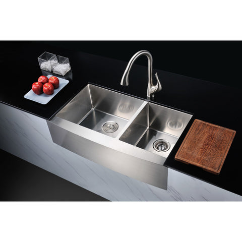 K-AZ3620-3A - Elysian Farmhouse Stainless Steel 36 in. 0-Hole 60/40 Double Bowl Kitchen Sink in Brushed Satin