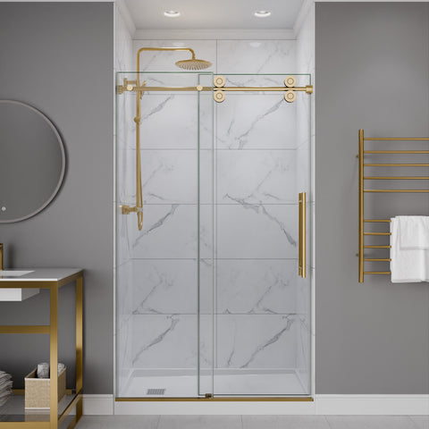 ANZZI Series 48 in. x 76 in. Frameless Shower Door with Sliding in Brushed Gold with Tsunami Guard Tempered Clear Glass