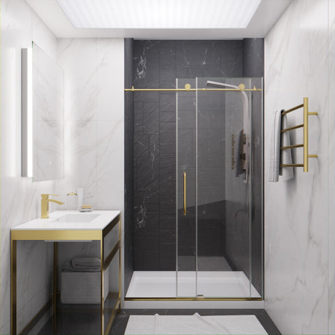 SD-AZ8077-01BG - ANZZI Leon Series 48 in. by 76 in. Frameless Sliding Shower Door in Brushed Gold with Handle