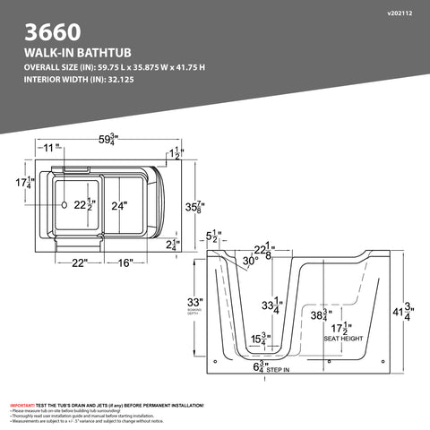 36 in. x 60 in. Right Drain Quick Fill Walk-In Whirlpool and Air Tub with Powered Fast Drain in White