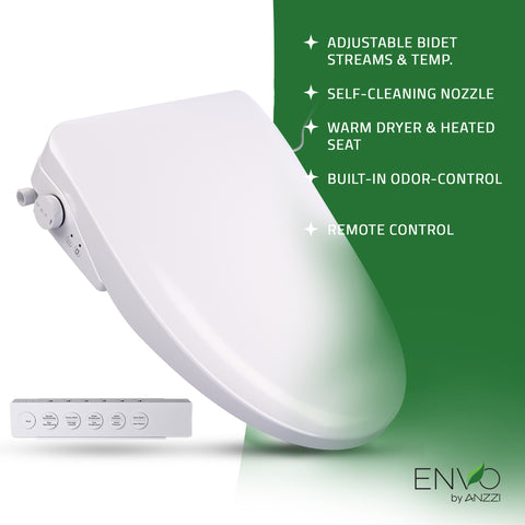 Electric Bidet Seat with Auto Lid, Heated, Warm Water, Air Dryer, Self Cleaning, Lady Wash, Deodorizer, and Classic Remote