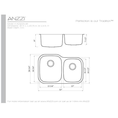 ANZZI Moore Undermount Stainless Steel 32 in. 0-Hole 60/40 Double Bowl Kitchen Sink in Brushed Satin