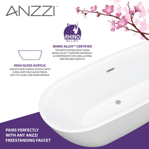 ANZZI Ami 67 in. Acrylic Flatbottom Freestanding Bathtub in White