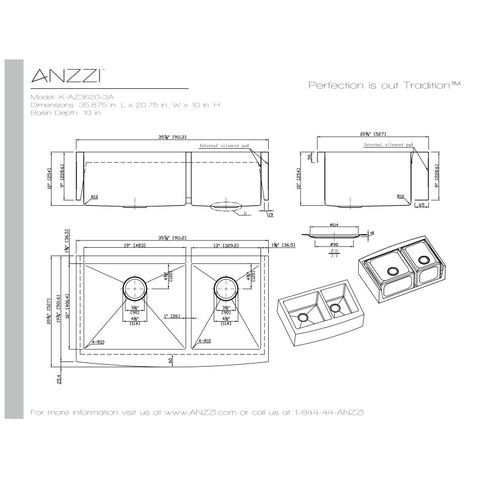 ANZZI Elysian Farmhouse Stainless Steel 36 in. 0-Hole 60/40 Double Bowl Kitchen Sink in Brushed Satin