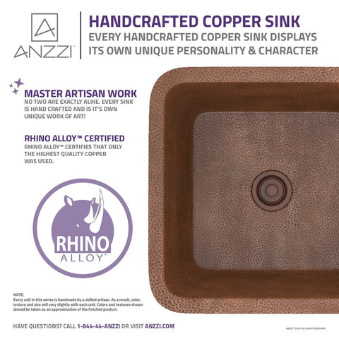 ANZZI Malta Drop-in Handmade Copper 19 in. 0-Hole Single Bowl Kitchen Sink in Hammered Antique Copper