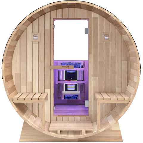 4-6 Person Outdoor Barrel Sauna in Cedar with ETL-Certified 6.2kW Rock Heater, Panoramic View, and Non-Curved Design