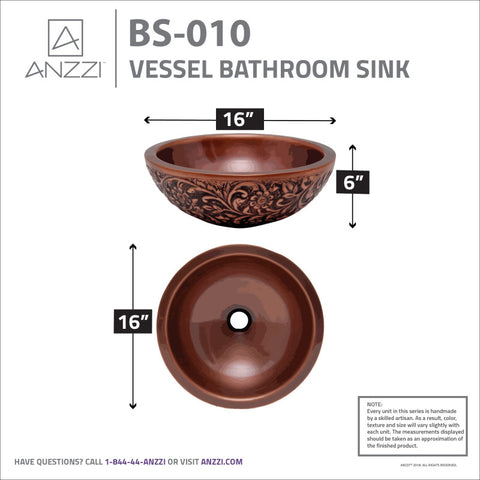 ANZZI Pisces 16 in. Handmade Vessel Sink in Polished Antique Copper with Floral Design Exterior