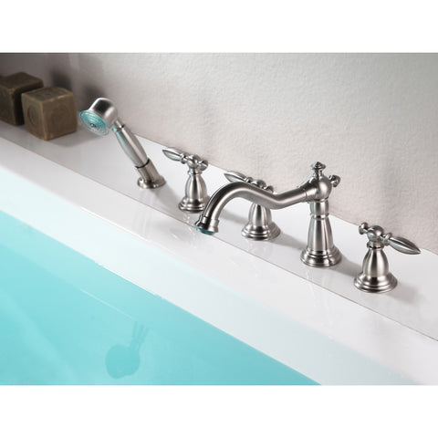 FR-AZ091BN-R - ANZZI Patriarch 2-Handle Deck-Mount Roman Tub Faucet with Handheld Sprayer in Brushed Nickel