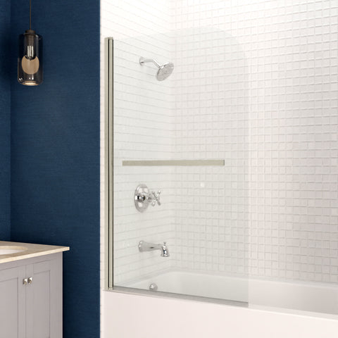 28 in. x 56 in. Frameless Tub Door with TSUNAMI GUARD in Brushed Nickel