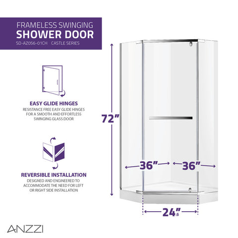 ANZZI Castle Series 49 in. x 72 in. Semi-Frameless Shower Door with TSUNAMI GUARD