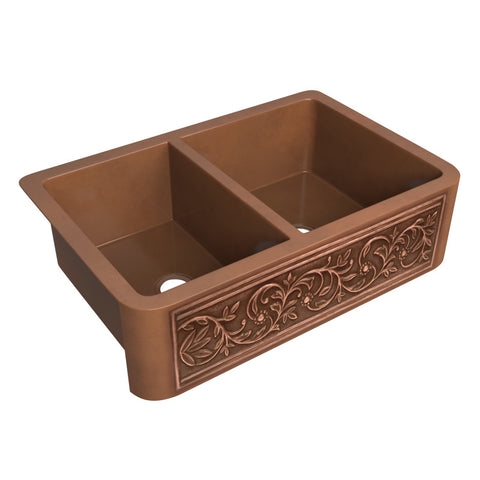 ANZZI Moesia Farmhouse Handmade Copper 33 in. 60/40 Double Bowl Kitchen Sink with Floral Design in Polished Antique Copper