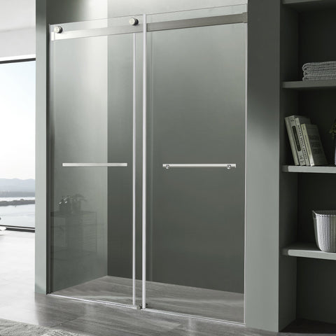 SD-FRLS05801BN - ANZZI Kahn Series 48 in. x 76 in. Frameless Sliding Shower Door with Horizontal Handle in Brushed Nickel