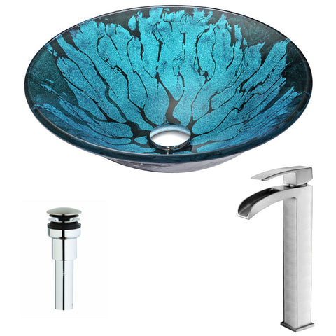 LSAZ046-097B - ANZZI Key Series Deco-Glass Vessel Sink in Lustrous Blue and Black with Key Faucet in Brushed Nickel