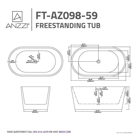 ANZZI Chand 59 in. Acrylic Flatbottom Freestanding Bathtub in White