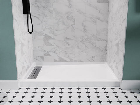 Alexander 60 in. L x 32 in. W Alcove Shower Pan Base with Left Drain in Glossy White Marine Acrylic