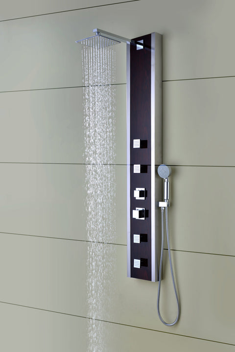 Monsoon 57 in. 4-Jetted Full Body Shower Panel System with Heavy Rain Shower and Spray Wand in Mahogany Style Deco-Glass