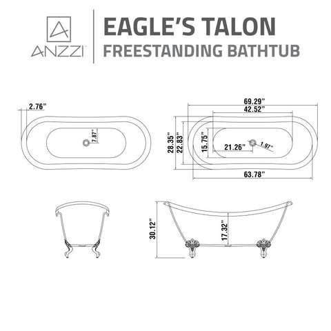 ANZZI 69.29” Belissima Double Slipper Acrylic Claw Foot Tub in White