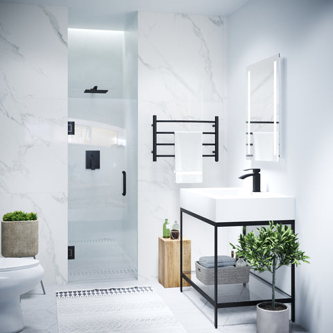 24 in. by 70 in. Frameless Hinged Shower Door in Matte Black with Handle