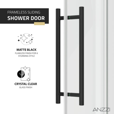 ANZZI 60" x 76" Frameless Sliding Shower Door, 3/8" TSUNAMI GUARD Glass, Exposed Rollers and RHINO ALLOY Hardware, Matte Black
