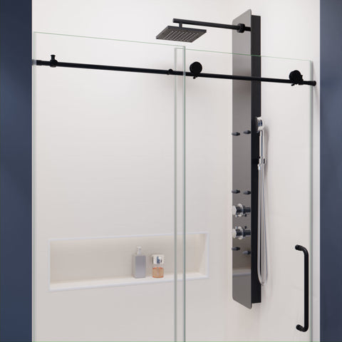 48 in. by 76 in. Frameless Sliding Shower Door in Matte Black with Handle