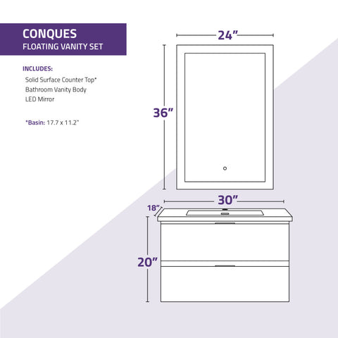 ANZZI 30 in W x 20 in H x 18 in D Bath Vanity with Cultured Marble Vanity Top in White with White Basin & Mirror