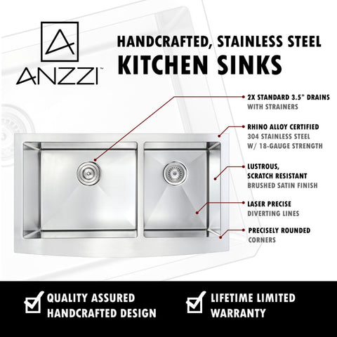 ANZZI Elysian Farmhouse Stainless Steel 33 in. 0-Hole 60/40 Double Bowl Kitchen Sink in Brushed Satin