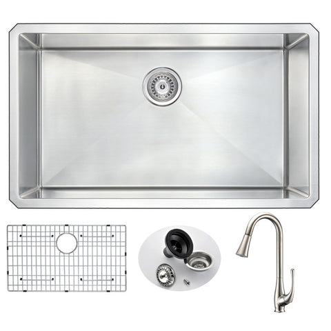 ANZZI VANGUARD Undermount 32 in. Single Bowl Kitchen Sink with Singer Faucet in Brushed Nickel