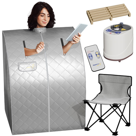 1-Person Indoor PP Plastic 900 Watt Portable Steam Home Sauna with Digital Controller and Foldable Chair, Silver