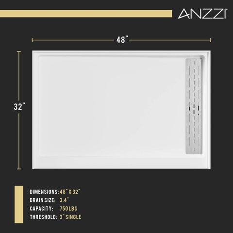 ANZZI Alexander 48 in. x 32 in. Shower Base in White