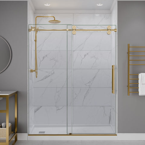 ANZZI 60" x 76" Frameless Sliding Shower Door, 3/8" TSUNAMI GUARD Glass, Exposed Rollers and RHINO ALLOY Hardware, Brushed Gold