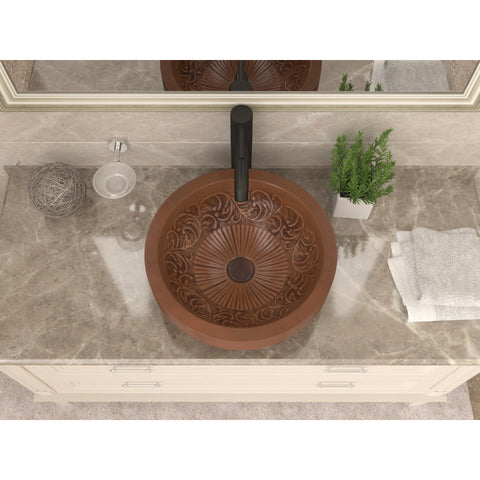 ANZZI Admiral 17 in. Handmade Vessel Sink in Polished Antique Copper with Floral Design Interior