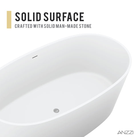 Roccia Series 61 in. x 31 in. Flat Bottom Solid Surface Freestanding Soaking Bathtub with Center Drain in Matte White