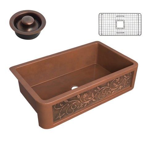 SK-005 - ANZZI Mytilene Farmhouse Handmade Copper 36 in. 0-Hole Single Bowl Kitchen Sink with Floral Design Panel in Polished Antique Copper