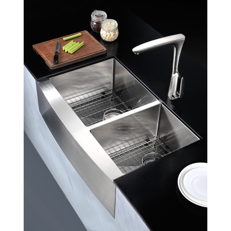 Elysian Farmhouse Stainless Steel 33 in. 0-Hole 60/40 Double Bowl Kitchen Sink in Brushed Satin