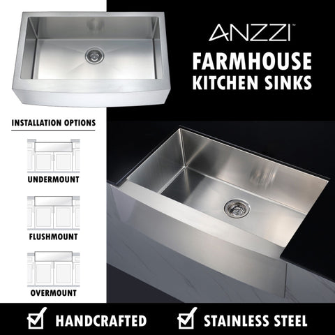 ANZZI Elysian Farmhouse Stainless Steel 32 in. 0-Hole Single Bowl Kitchen Sink in Brushed Satin