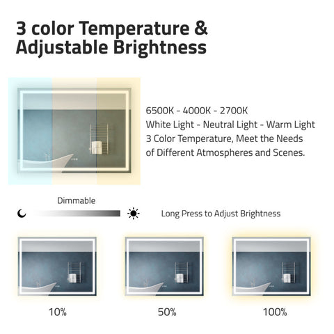 ANZZI 36-in. x 48-in. Frameless LED Front/Back Light Bathroom Mirror w/Defogger