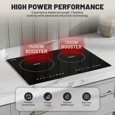 Aurora Series 14 in. 2 Elements Glass Top Induction Cooktop in Black with 1800W, Auto-Off, and Child Safety Lock