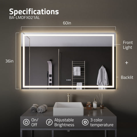 ANZZI 36-in. x 60-in. Frameless LED Front/Back Light Bathroom Mirror w/Defogger