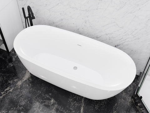 ANZZI Ami Series 30" W Freestanding Soaker Tub with Elegant Curve, Ergonomic Design, Center Drain, Slip-Resistant Texture, and Lifetime Warranty, Glossy White