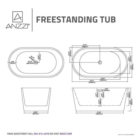 ANZZI Chand 55 in. Acrylic Flatbottom Freestanding Bathtub in White