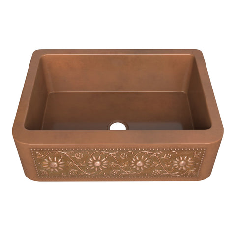 ANZZI Cilicia Farmhouse Handmade Copper 30 in. 0-Hole Single Bowl Kitchen Sink with Daisy Design Panel in Polished Antique Copper