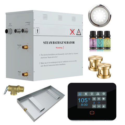 CON1050GD - SaunaSpa Contractors Series 10.5kW Steam Bath Generator with Quickstart Continuous Steam, Black Digital Touch Pad, Built-in Auto-drain, Drain Pan, White LED light, and Aroma Steamhead in Gold Finish