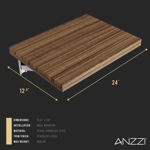 ANZZI Shoren 24 in. Teak Wall Mounted Folding Shower Seat