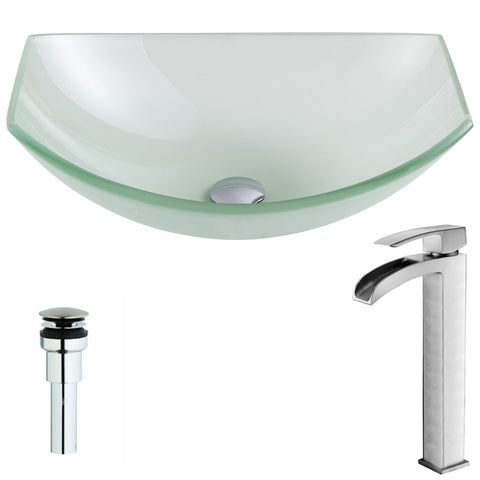 LSAZ085-097B - ANZZI Pendant Series Deco-Glass Vessel Sink in Lustrous Frosted with Key Faucet in Brushed Nickel