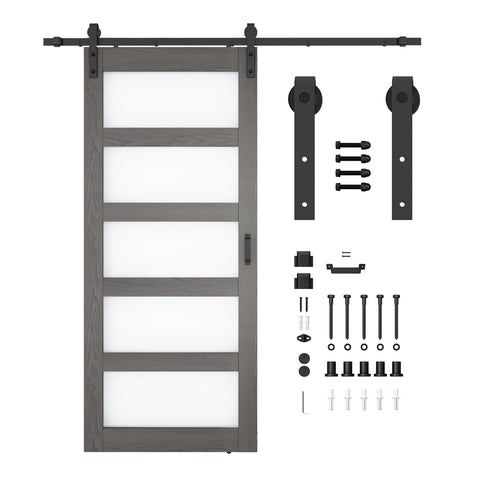 Frasassi Series 36 in. x 84 in. Light Wood MDF Interior Sliding Barn Door with Frosted Glass and Hardware Kit in Matte Black