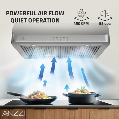 ANZZI 30-Inch 450 CFM 3-Speed Stainless Steel Under Cabinet Convertible Residential Range Hood with LED Lamp